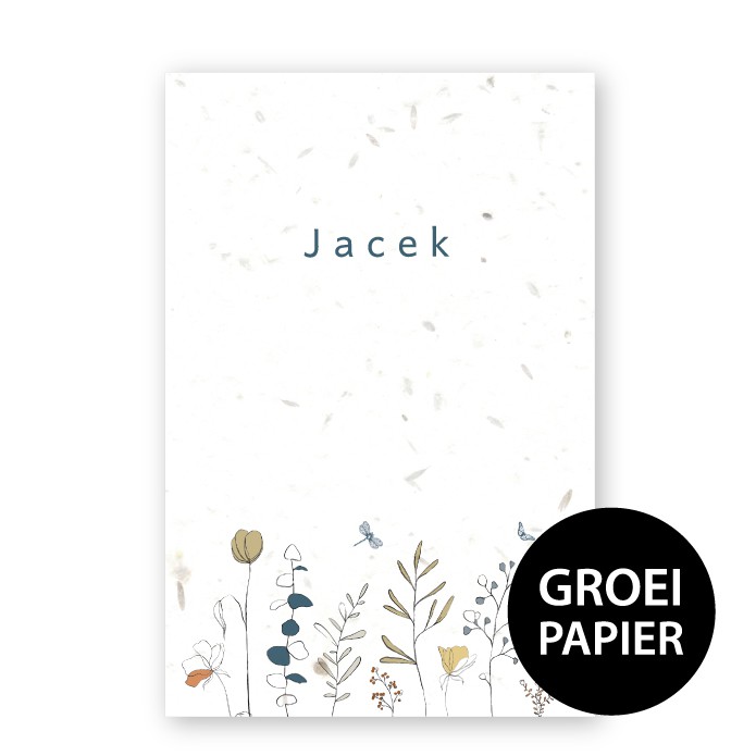 Geboortekaartje groeipapier getekende bloemen Jacek