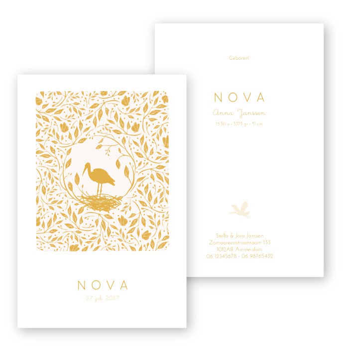 Geboortekaartje bloemenpatroon oker Nova
