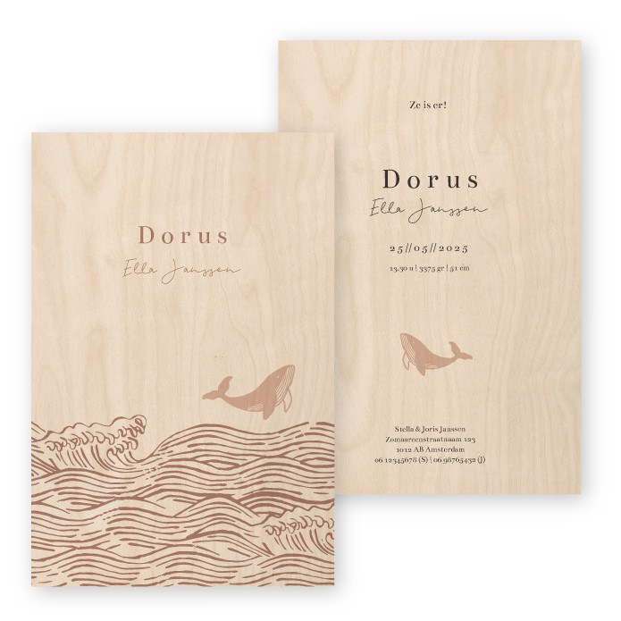 Geboortekaartje hout walvis Dorus