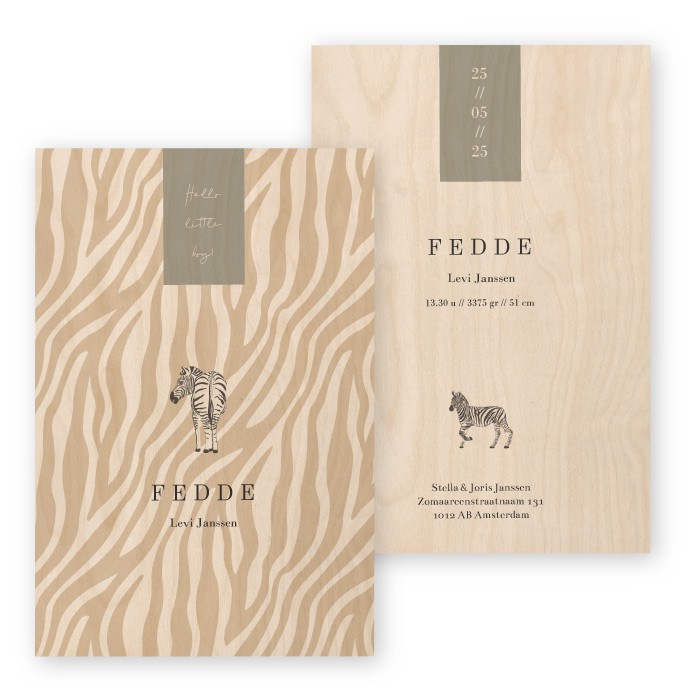 Geboortekaartje hout zebra Fedde