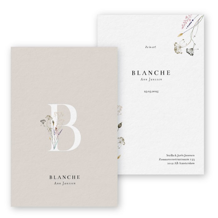 Geboortekaartje karton floral letter Blanche