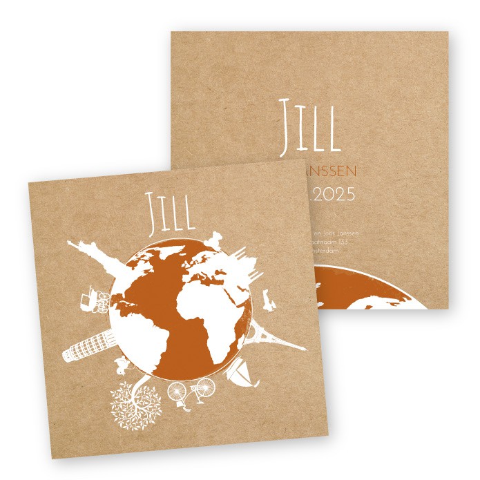 Geboortekaartje kraft karton look wereldbol - Jill