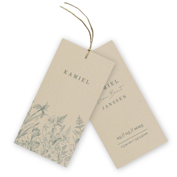 Geboortekaartje ecologisch labels wilde bloemen Kamiel