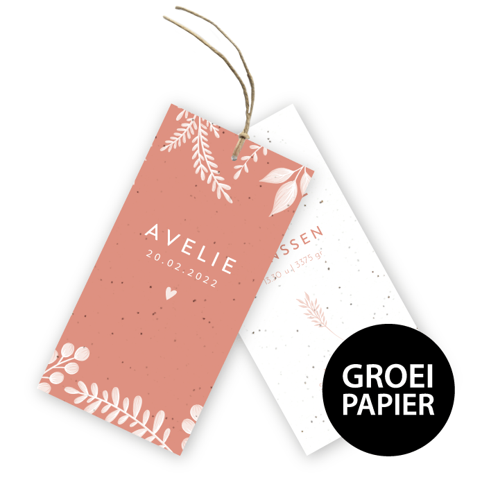 Geboortekaartje labels groeipapier Avelie