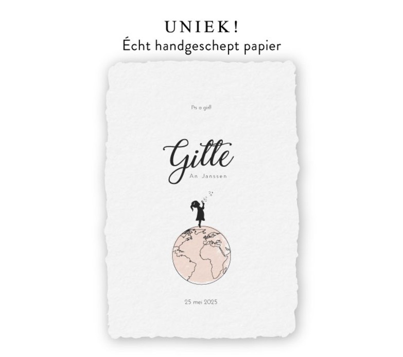 Handgeschept papier geboortekaartje met een getekende wereldbol - Gitte