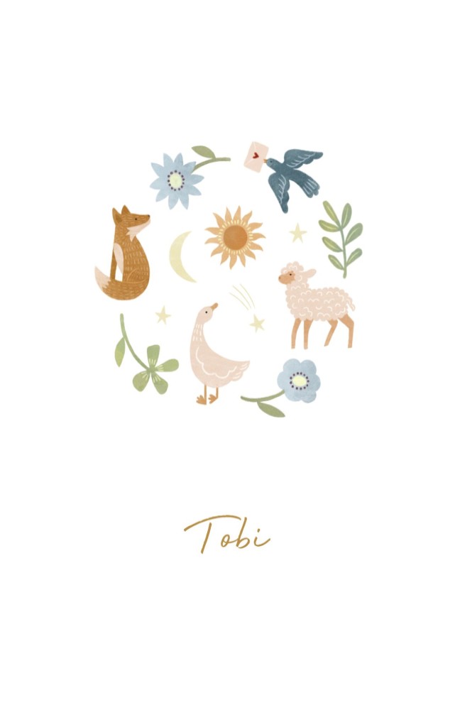 Geboortekaartje Tobi met waterverf dieren dubbel
