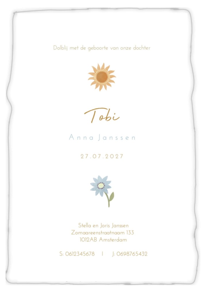 Geboortekaartje Tobi met waterverf dieren op handgeschept papier