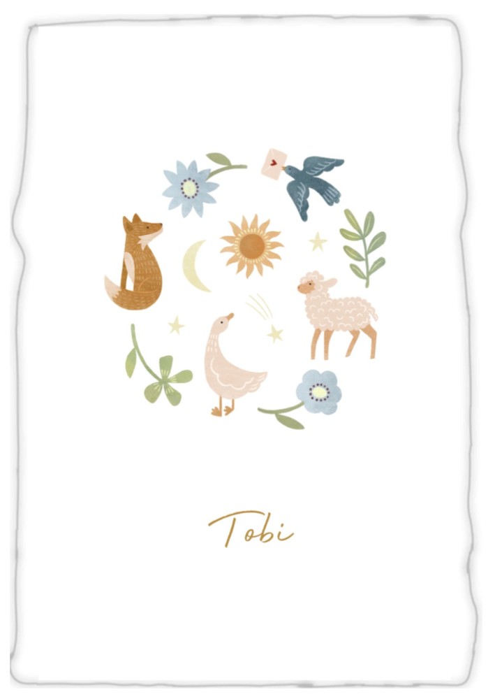 Geboortekaartje Tobi met waterverf dieren op handgeschept papier