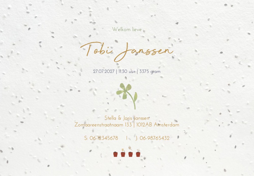 Geboortekaartje Tobi met waterverf dieren groeipapier