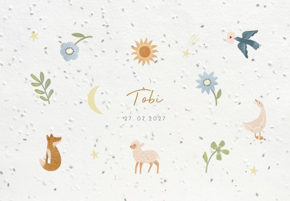 Geboortekaartje Tobi met waterverf dieren groeipapier