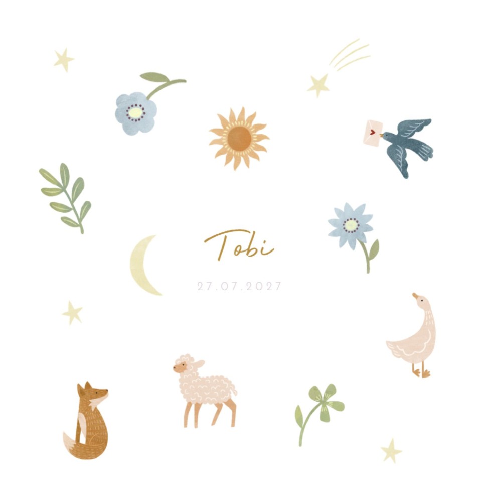 Geboortekaartje Tobi met waterverf dieren vierkant dubbel