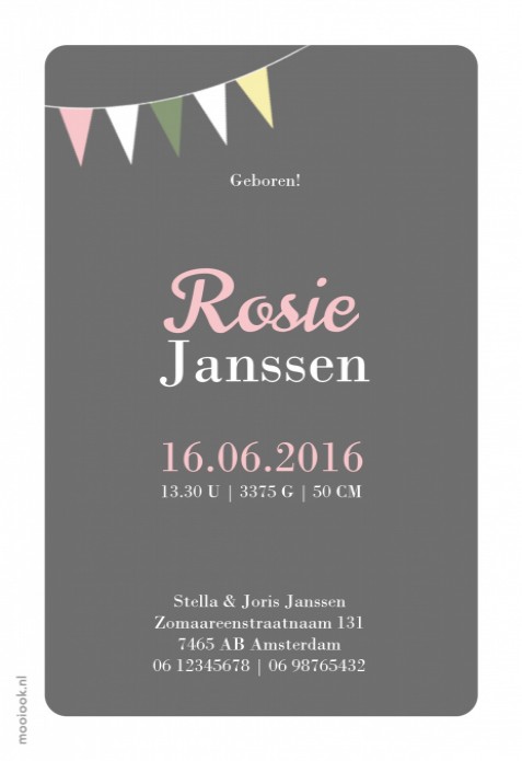 Geboortekaartje vintage pastel slinger vlaggetjes - Rosie