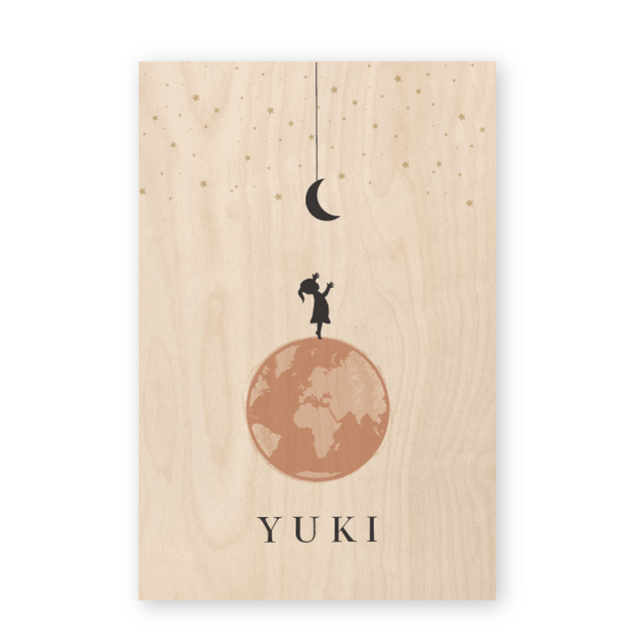 Geboortekaartje hout wereldbol Yuki