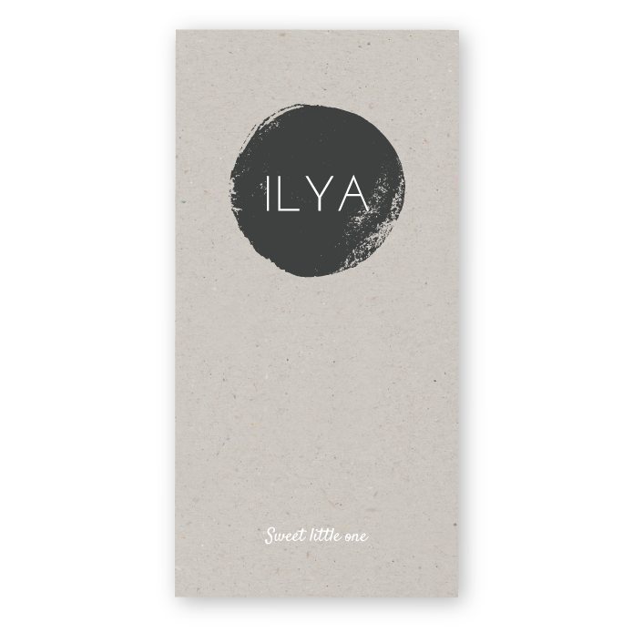 Geboortekaartje grijs karton zwart wit Ilya