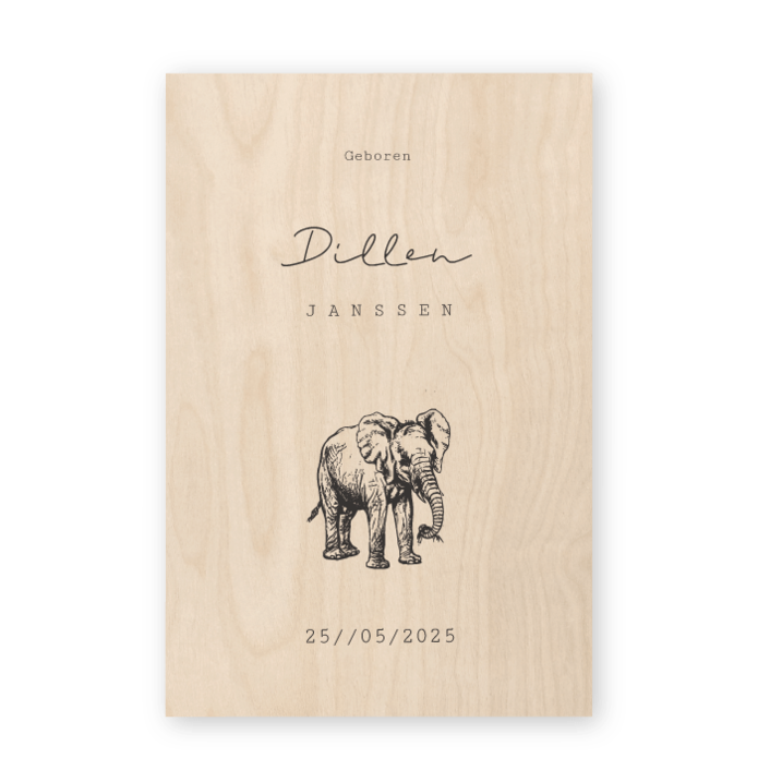 Geboortekaartje hout olifant Dillen