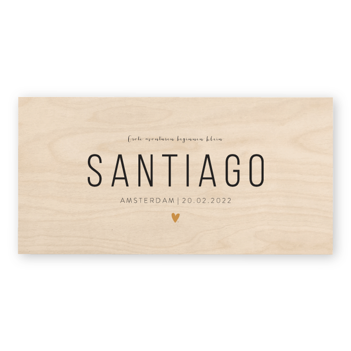 Geboortekaartje echt hout handwrite Santiago