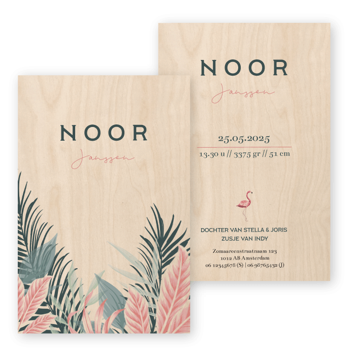 Geboortekaartje hout jungle flamingo Noor