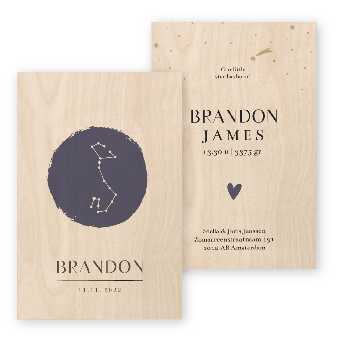 Geboortekaartje hout sterrenbeeld Brandon