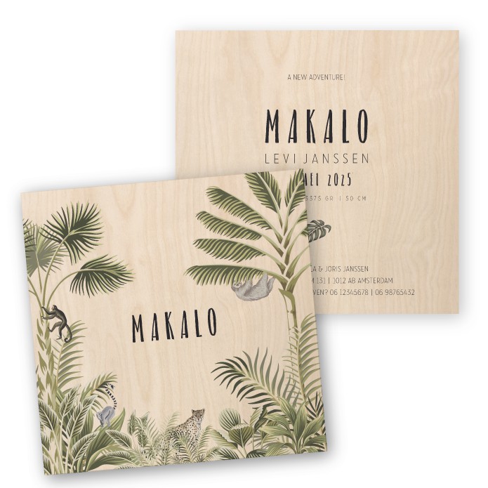 Geboortekaartje hout jungle Makalo