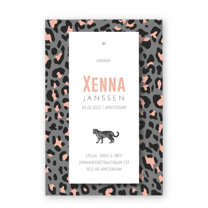 Geboortekaartje klembord panter print Xenna