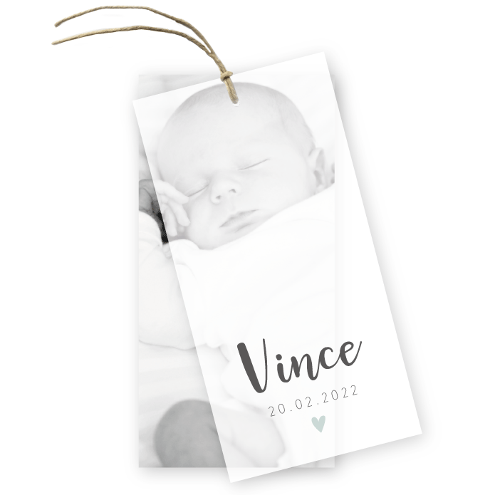 Geboortekaartje label kalkpapier foto Vince
