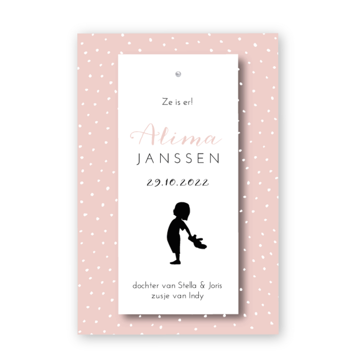 Geboortekaartje labels roze stipjes Alima
