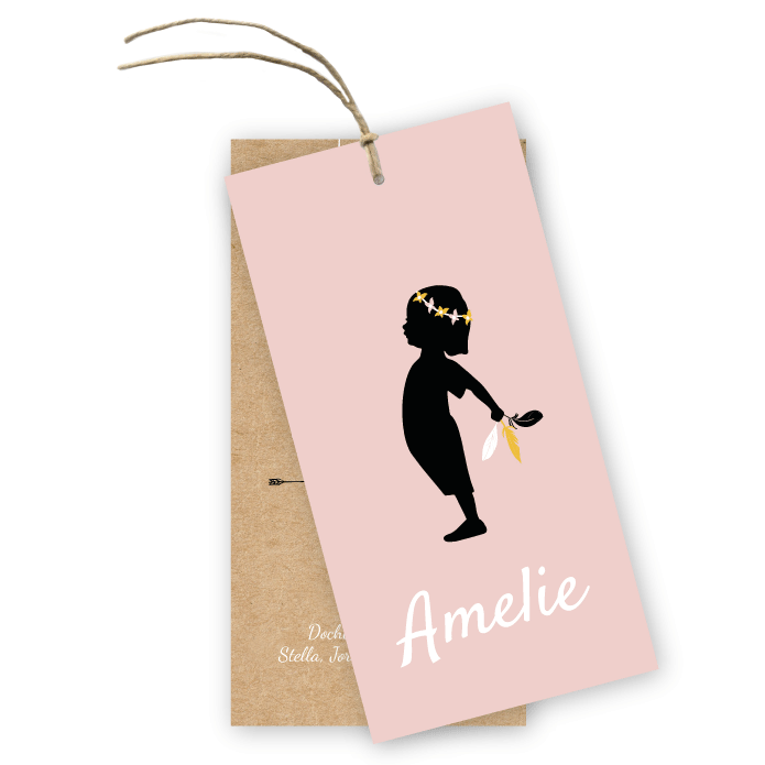 Geboortekaartje label meisje met veertjes Amelie
