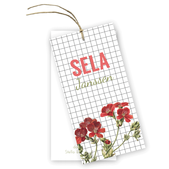Geboortekaartje labels vintage bloemen en strakke lijnen Sela