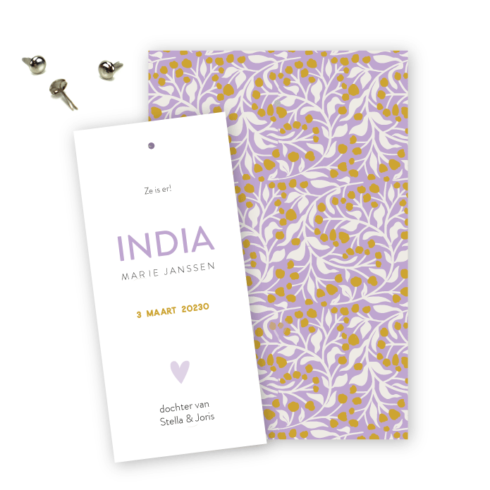 Geboortekaartje label splitpen seventees patroon lila India