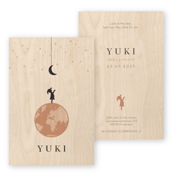 Geboortekaartje hout wereldbol Yuki