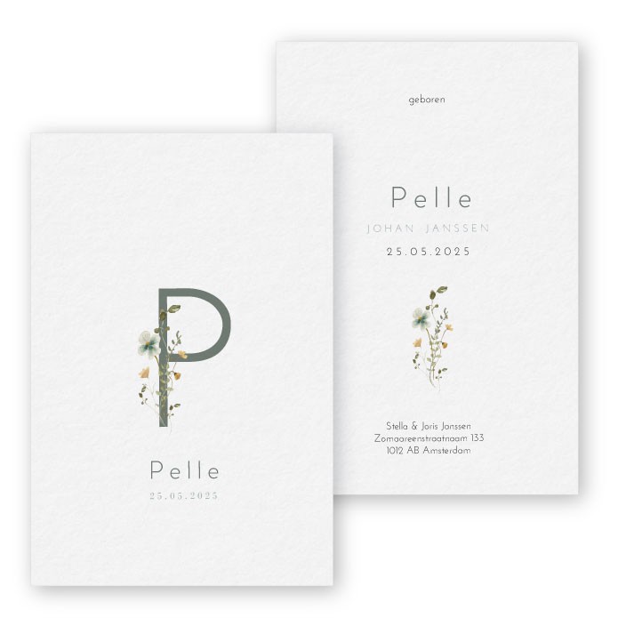 Geboortekaartje karton floral letter Pelle