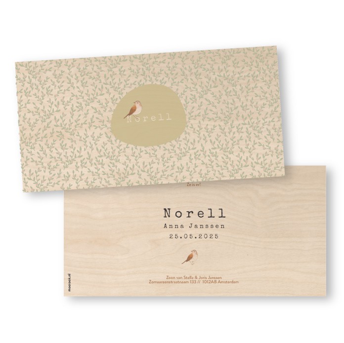 Geboortekaartje hout bloemetjes Norell