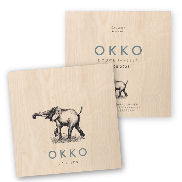 Geboortekaartje hout olifant Okko