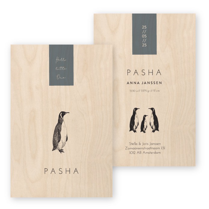 Geboortekaartje hout pinguin Pasha