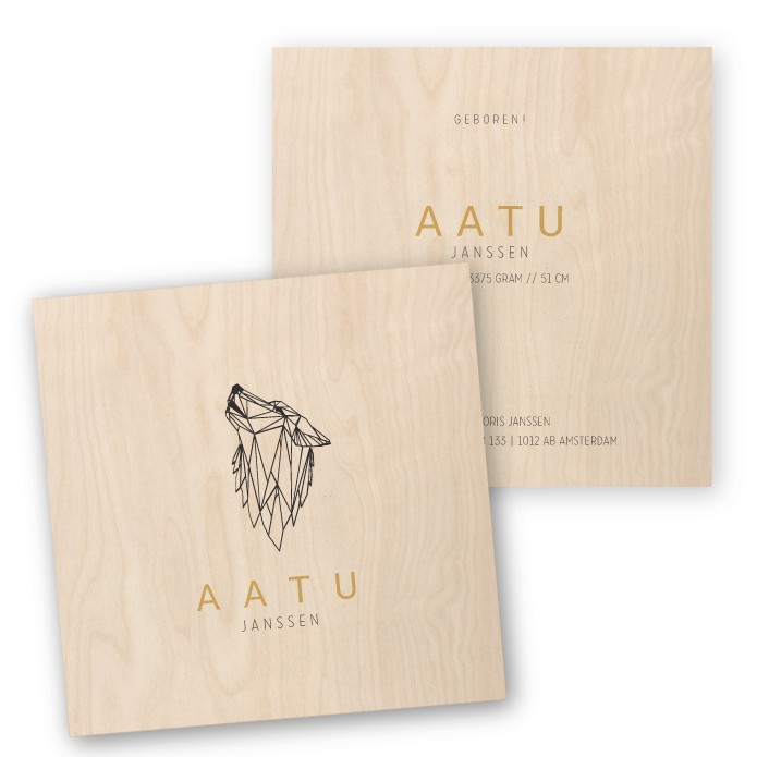 Geboortekaartje hout vierkant geometrisch wolf Aatu