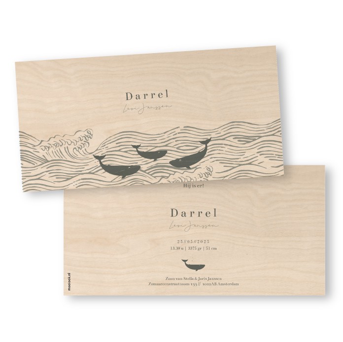 Geboortekaartje hout walvis Darrel