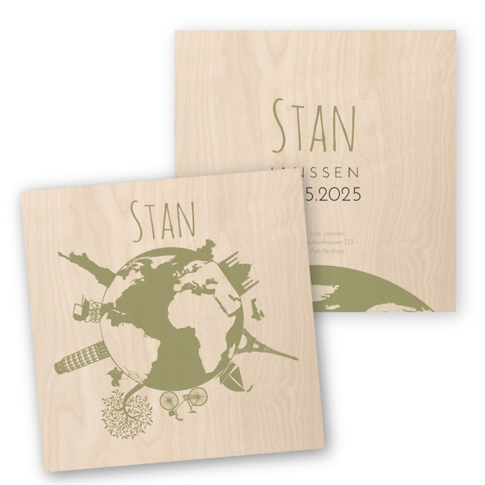 Geboortekaartje hout wereldbol  Stan