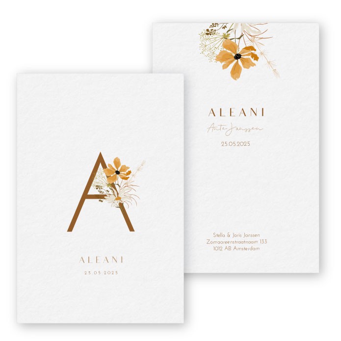 Geboortekaartje karton floral letter Aleani