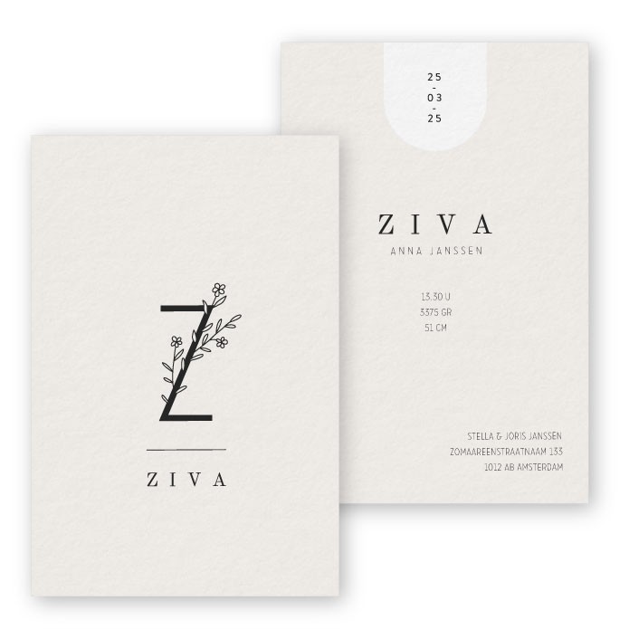 Geboortekaartje karton letter Ziva