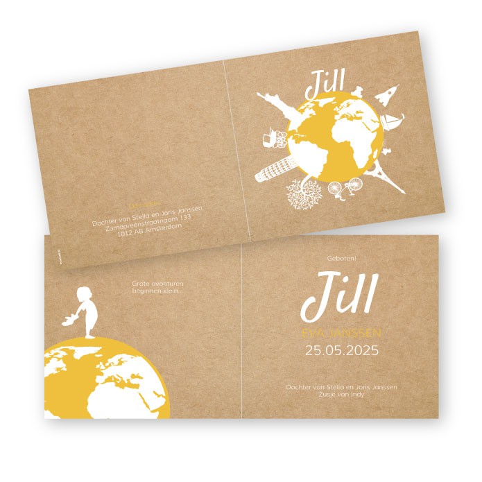 Geboortekaartje kraft karton wereldbol -  Jill dubbel
