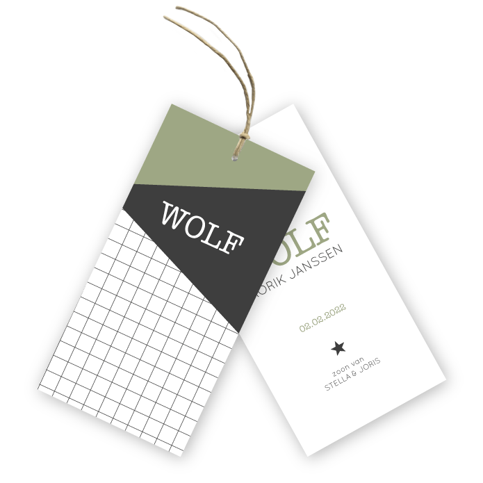 Geboortekaartje labels geometrische vlakken Wolf