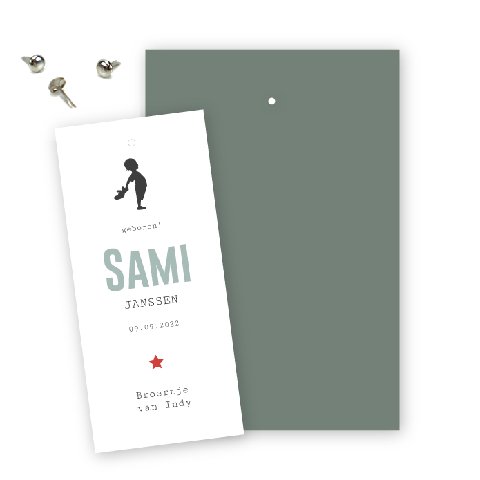 Geboortekaartje label splitpen Sami