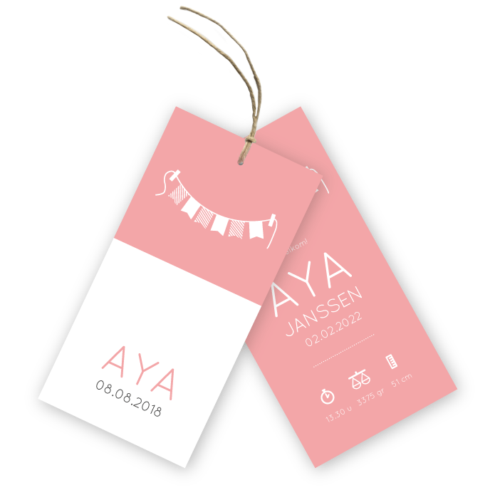 Geboortekaartje labels letterpress stijl met slinger Aya