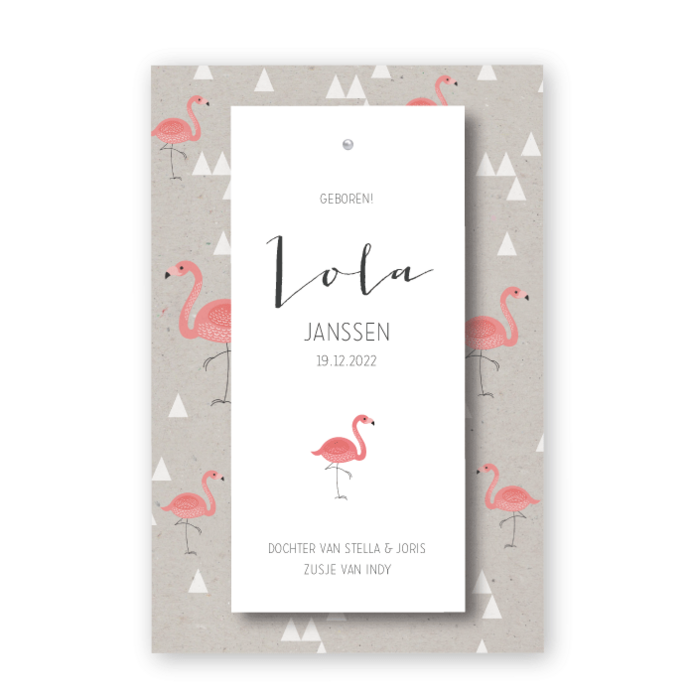 Geboortekaartje splitpen label flamingo Lola