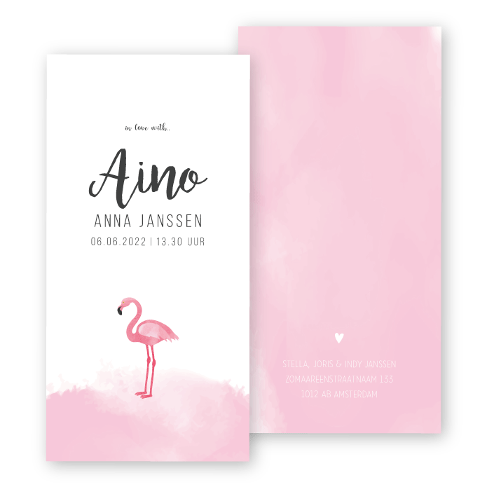 Geboortekaartje waterverf roze Aino