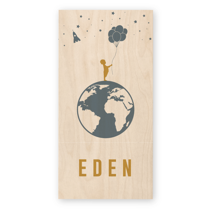 Geboortekaartje hout wereldbol Eden
