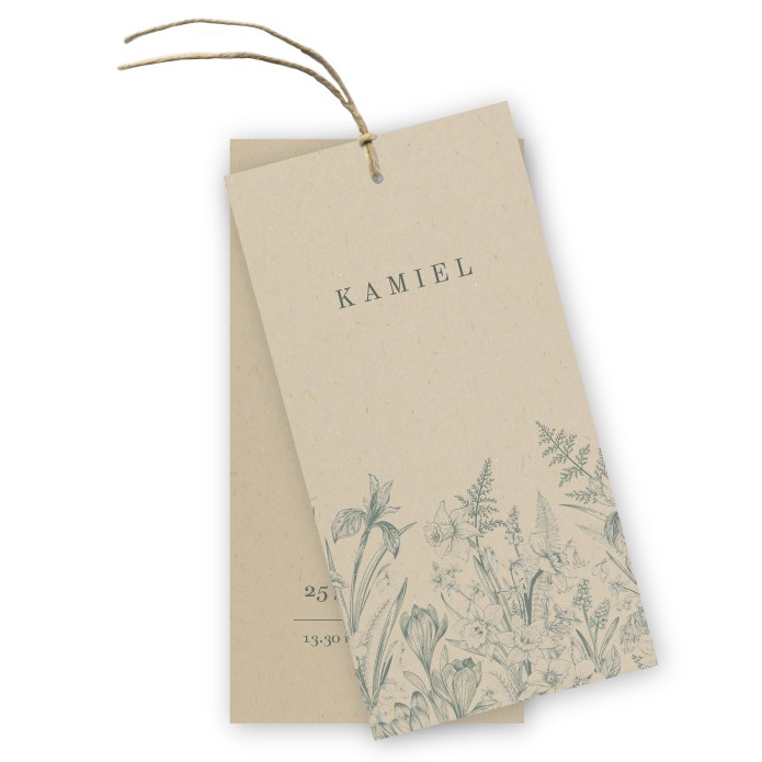 Geboortekaartje ecologisch labels wilde bloemen Kamiel