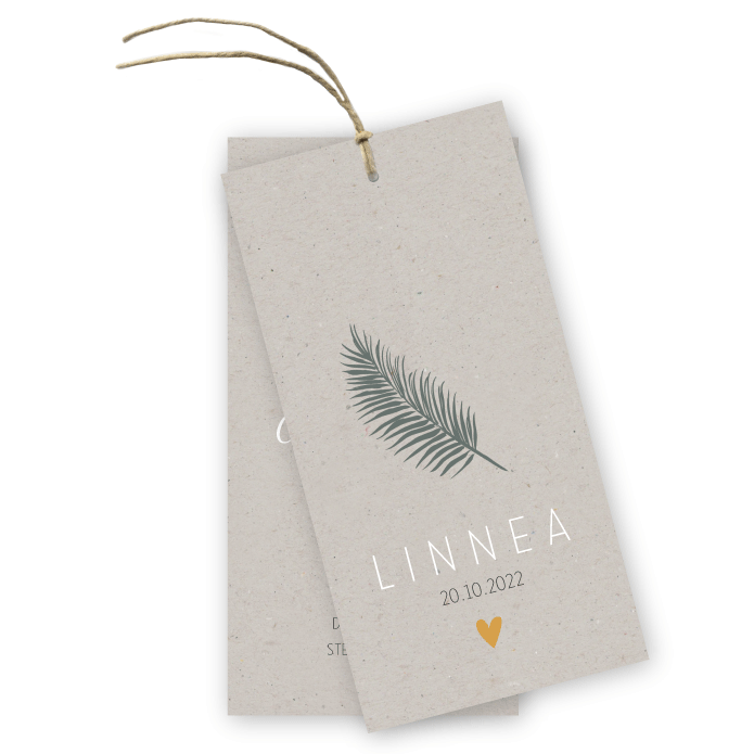 Label geboortekaartje grijs kraft palmblad Linnea