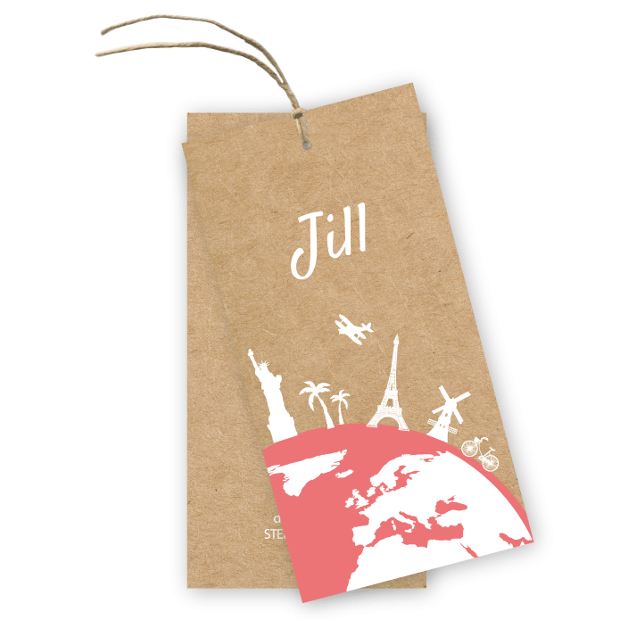 Label geboortekaartje kraft karton wereldbol Jill