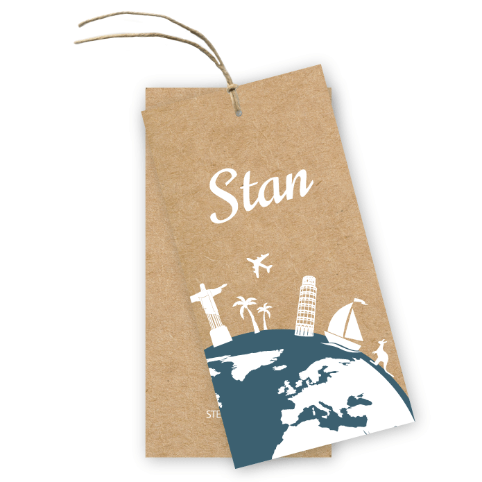 Label geboortekaartje kraft karton look wereldbol Stan